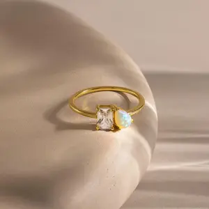 Opal Diamond Toi et Moi Ring by Caitlyn Minimalist - 18K Gold Plated Diamond & Opal Gemstone Promise Ring - Two Stone Engagement Ring - Couples Jewelry - Gift for Her