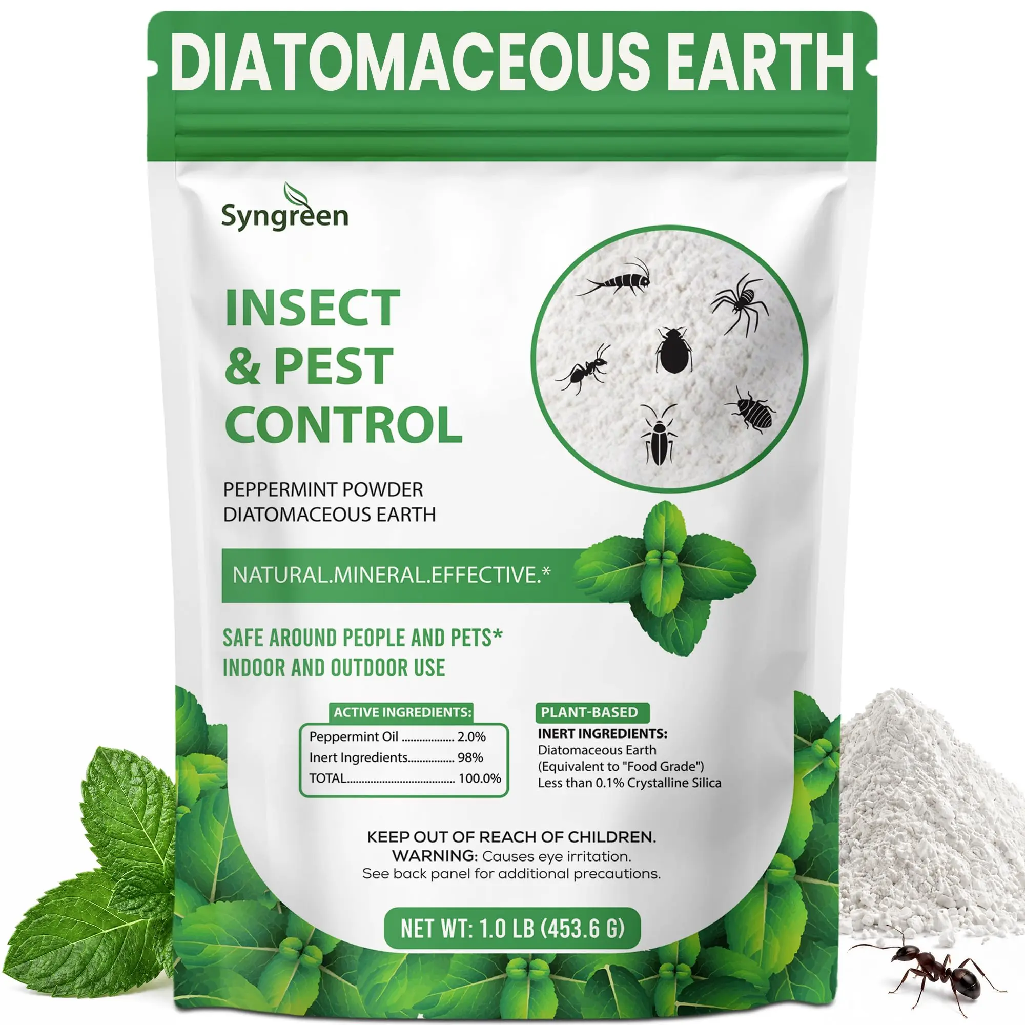 1 lb (453.6 g) Food Grade Diatomaceous Earth Powder with Peppermint Oil - Non-Toxic Dual Action Indoor-Outdoor Pest Control, Insect Exterminator, Dehydrates Insects, Pest Barrier for Ants, Roaches, Bedbugs