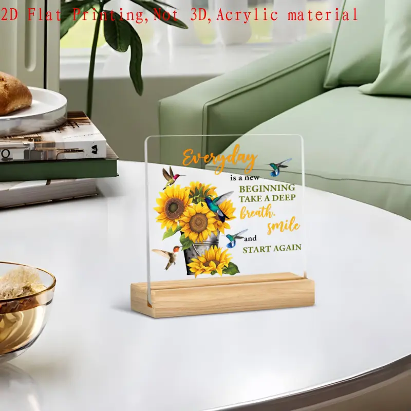 Modern Acrylic Desk Plaque with Wooden Stand - Sunflower Hummingbird Design, "Everyday Is A New Beginning" Quote, Indoor Room Decor, Motivational Home Office Accent, Gifting for Birthday Christmas