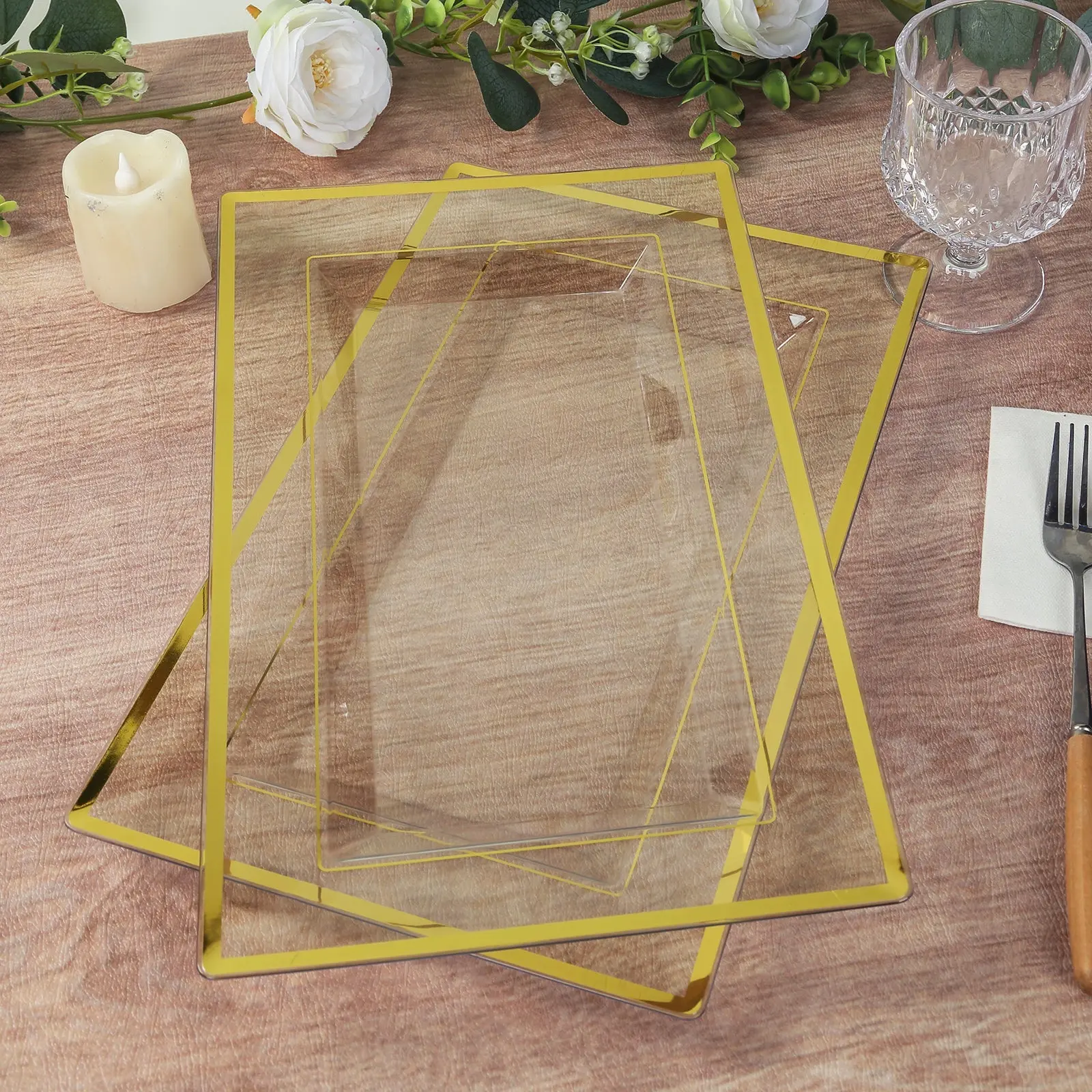 10-Pack 13"x8" Plastic Rectangle Fancy Disposable Dinnerware Serving Trays - Gold Rim Food Trays Disposable for Appetizers, Wedding Reception, Birthday