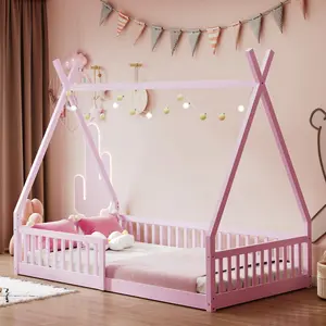 Twin Size Wood House Bed with Fence, Pink Twin Size Wood House Bed with Fence, Pink