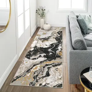 4*6ft Black Modern Marble Runner, Washable Kitchen Rug Abstract Marble Pattern, Non Slip