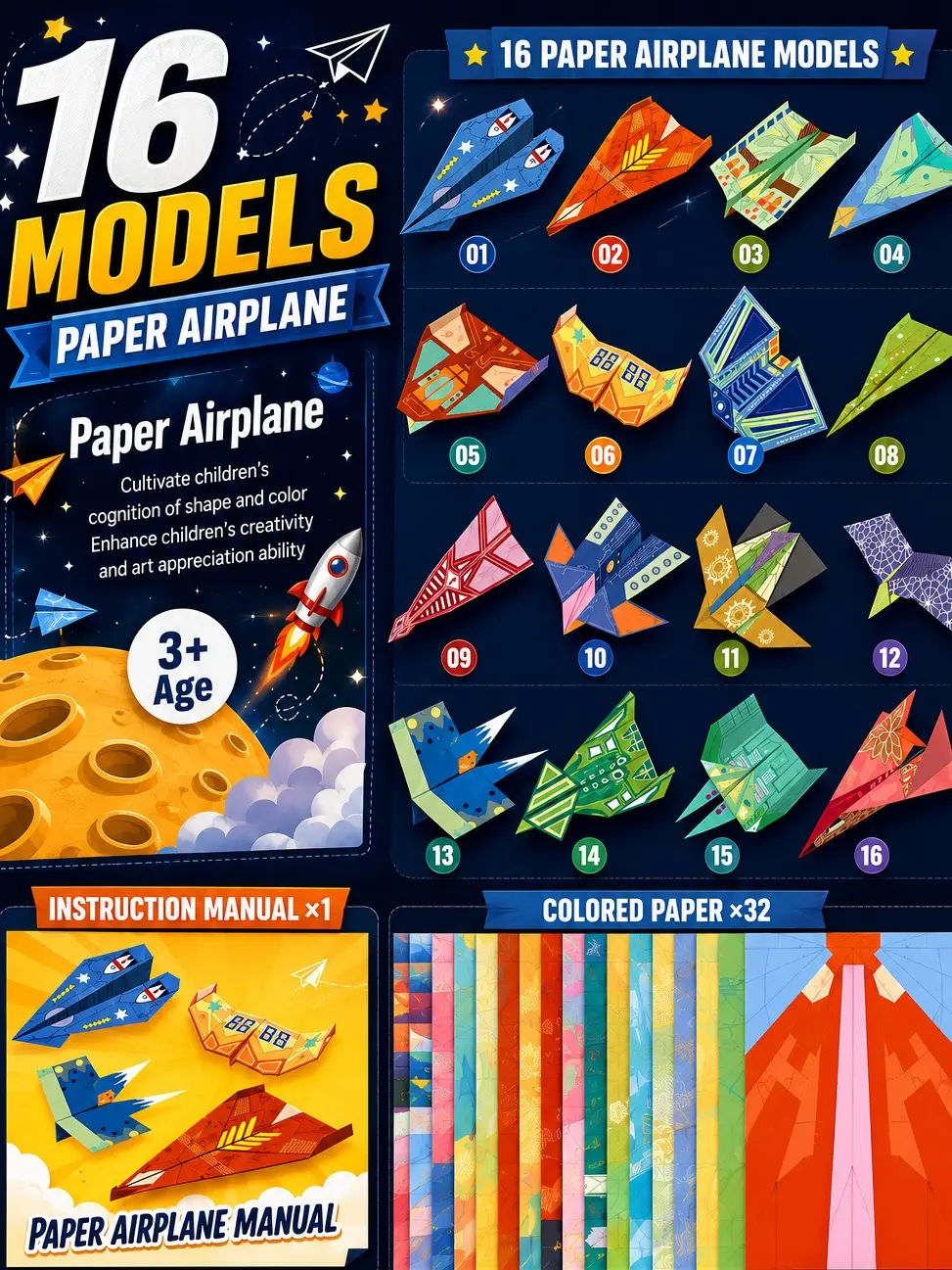 Paper Airplane Kit for Kids & Adults: 32 Sheets Colored Origami Paper with 16 Unique Aircraft Designs, Step-by-Step Instructions Included, Screen-Free DIY Craft Activity, Birthday Gift for Boys Girls, 10.24 × 7.36 inches