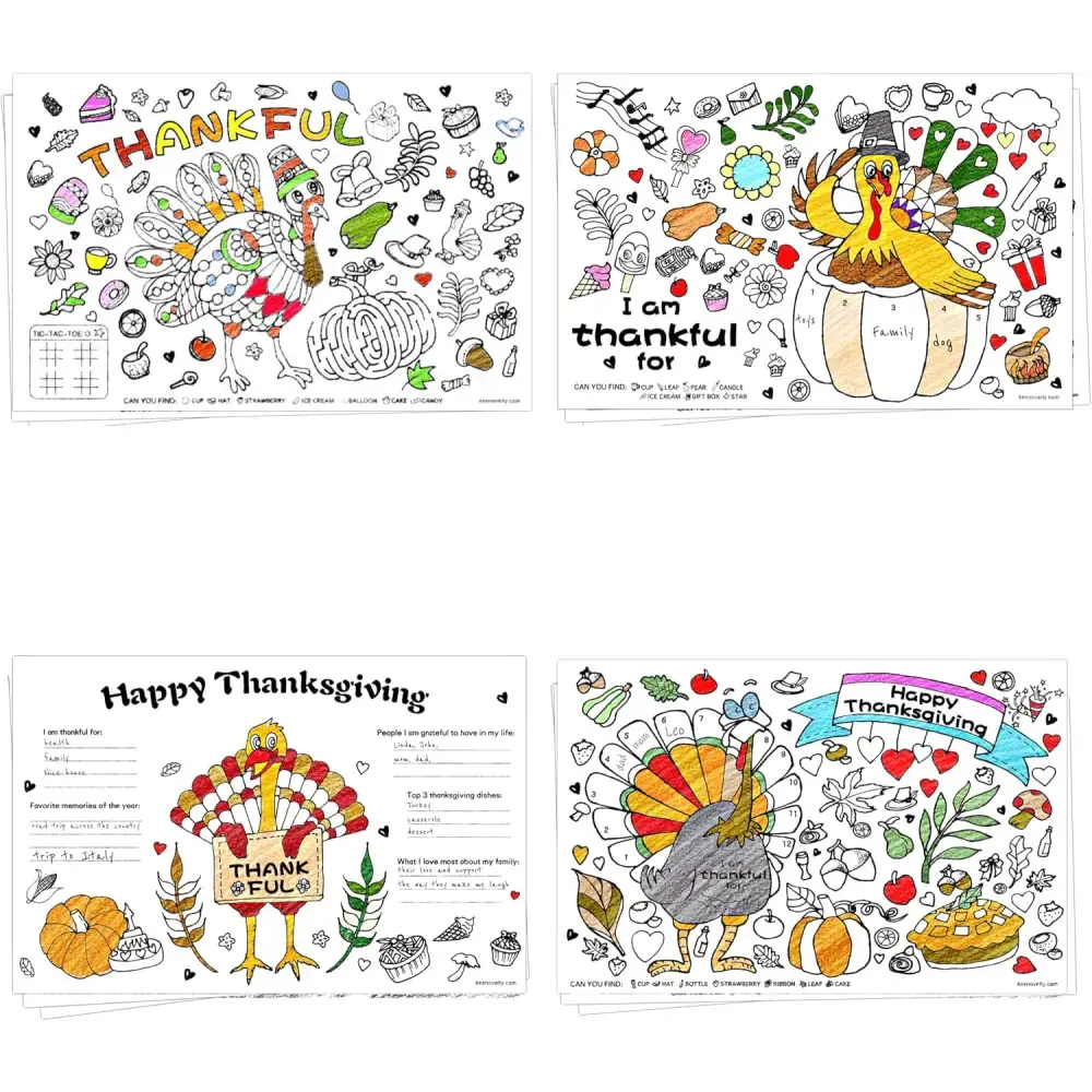 4E's Novelty 12 Pack Thanksgiving Placemat Activity for Kids & Adults - Perfect Disposable Paper Placemats 11x17, Fall Turkey Table Decor & Crafts