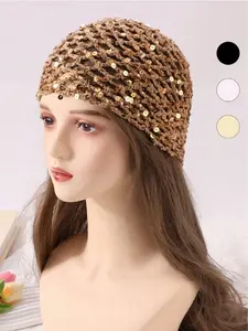 1 piece Women's Fashion Hollow Crochet Sequin Beanie, Women's Slouchy Cap, Solid Color Slouchy Hat, Fashion Simple, Suitable for Daily Wear, Fashion Party, Spring Summer Autumn Use, Breathable, Personalized Decoration, Knit Beanie