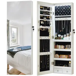 6 LEDs Mirror Jewelry Cabinet 42.5-Inch Tall Lockable Wall or Door Mounted Armoire Organizer with Full-Length Glass Mirror 2 Drawers 3.9 x 14.6 x 47.2 Inches Rustic White School Dormitory Storage
