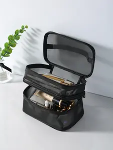 Transparent Dual-Layer Mesh Makeup Bag, Large Capacity Portable Foldable Travel Wash Bag, Storage Bag for Toiletries, Travel Cosmetic Bags, Makeup Organizer Pouch
