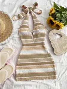 Macaron Color Swimsuit Cover-Up Hollow Out Multicolor Knit Dress, Beach Swimsuit Cover Up, Unique Design Color Block Fashion Halter Casual Boho Long Dress Women