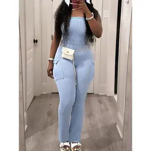 Women's Solid Off Shoulder Jumpsuit, Fashion Casual Pocket Design Strapless Jumpsuit for Daily Outdoor Wear, Women Jumpsuits for All Seasons（gift）