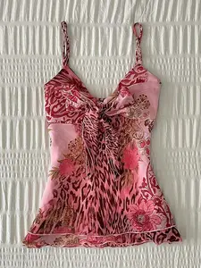 Spring/Summer 2000s Retro Leopard Peony Printed Lightweight Strap with Chest Knot Women's Top