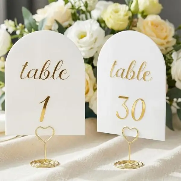 Arch Table Numbers 1-30 Plus Head Table, 5.9x3.9 Inch White Card Stock, Double-Sided Gold Foil Embossed, Elegant Wedding Reception Centerpiece Decoration Event Party