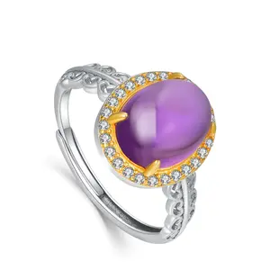 【#102】RTT Fashion 925 Sterling Silver Amethyst Statement Ring – Gold & Platinum Plated Vintage Adjustable Gemstone Ring with Cubic Zirconia Halo for Women