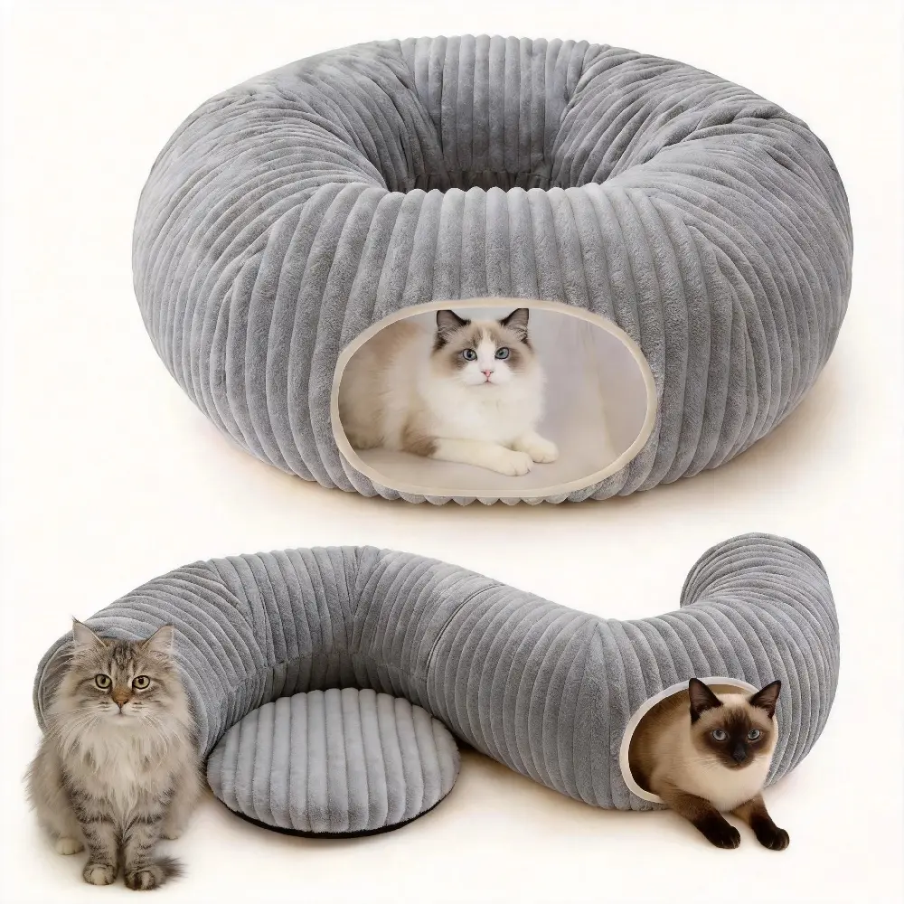 Catails 2-in-1 Cat Tunnel Bed, Soft Plush Peekaboo Hideout Cave with Washable Mat, Multifunctional Indoor Play Nest for Kittens Small Pets