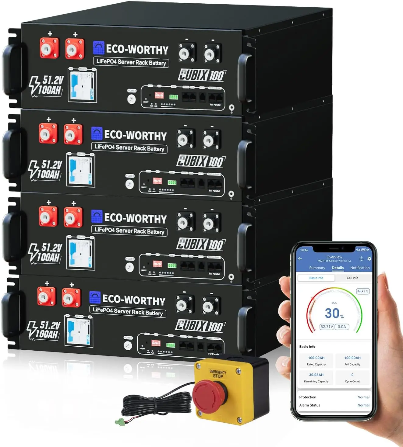 ECO-Worthy Cubix100 48V 400Ah 20.48kWh LiFePO4 Lithium Battery with LiFePO4 Cells, UL9540 & UL1973 & CEC Listed, 48V 100Ah x4 Multi-Unit Pack Server Rack Battery with Bluetooth for Solar Energy Storage, Home Backup Power