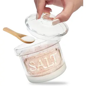 Glass Salt Cellar with Lid Salt Container with Spoon for Countertop Embossed Pattern Salt Box for Storing Sea Salt Flaky Salt Spice 12oz Capacity Holder,Dishwasher Safe