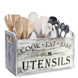 Rustic Wooden Kitchen Utensil Holder, 1pc 3-Compartment Storage Box, Countertop & Wall-Mounted Organizer, Wood Material