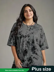 Plus Size Tie Dye Print Drop Shoulder Tee, Fashion Casual Round Neck Lightweight Half Sleeve T-shirt Fit for Daily Outdoor Wear, Women Plus Clothing for Summer, Chic Top