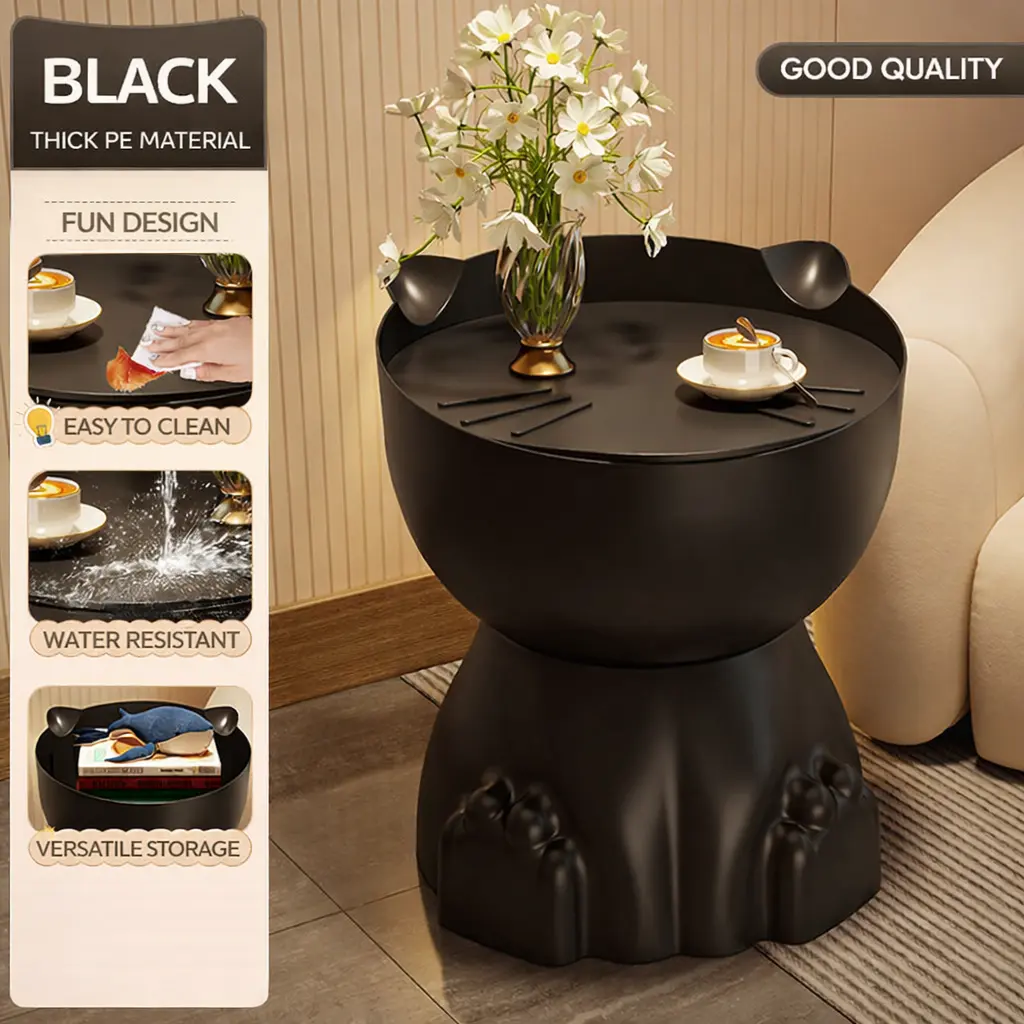 Cute Cat-Shaped Storage Side Table, Heavy-Duty Bedside Nightstand with Large Capacity Organizer, Modern Sofa End Table for Bedroom & Living Room, 4 Colors Available (Cream White / Black / Matcha Green )