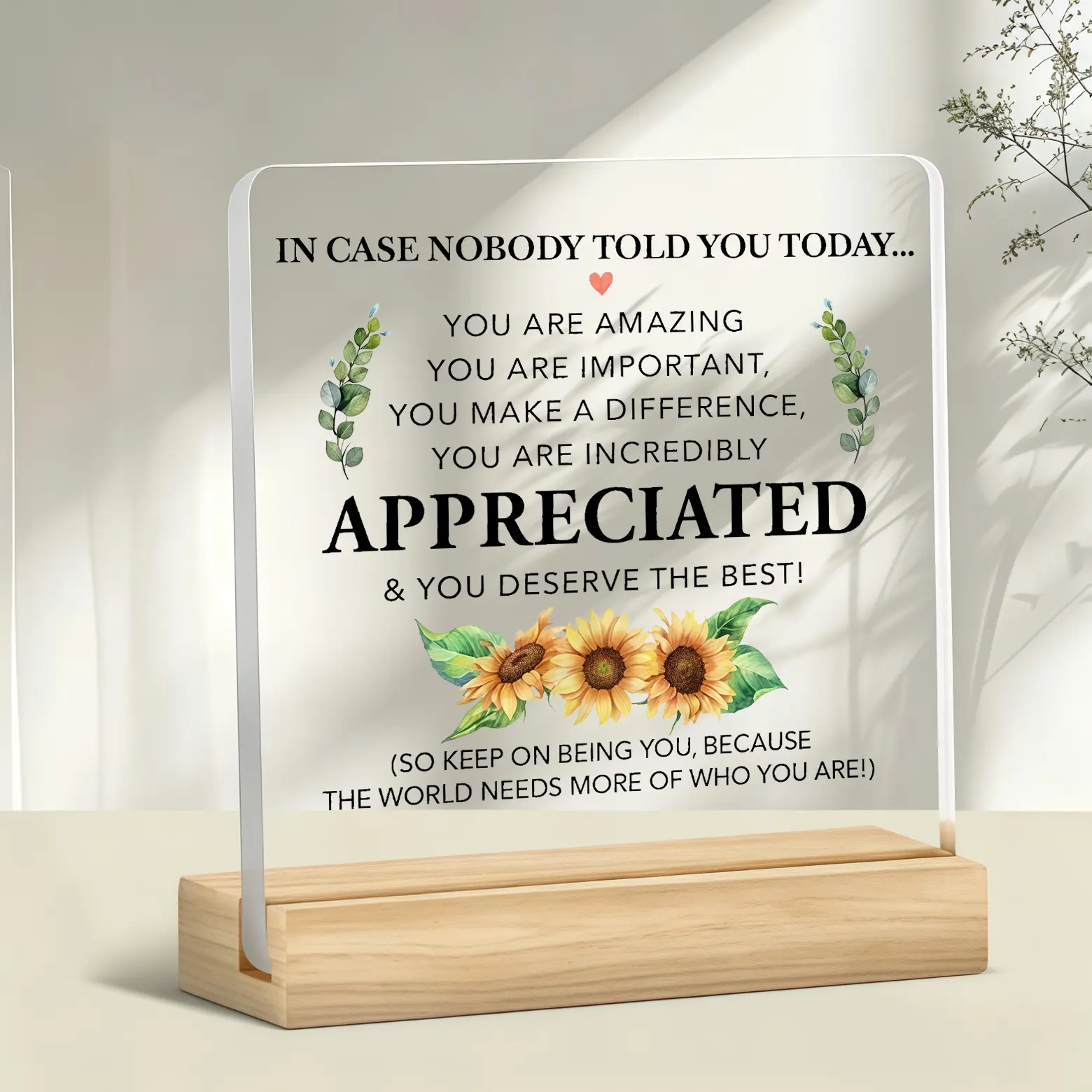 Acrylic Tabletop Plaque with Wooden Stand, Sunflower Design Heartfelt Quote Desk Sign, "You Are Appreciated" Inspirational Decor for Home & Office, Heartfelt Gift for Teachers & Adults (Christmas, Thanksgiving, Birthdays)