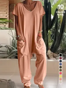 Women's Solid Color V-Neck Oversized Pocket Low Waist Jumpsuit, Casual Home Wear, Comfortable One-Piece Pants, Perfect for Daily Use