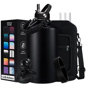 Insulated Water Bottle 128oz - 32/40/64/87oz Stainless Steel Water Bottles with Straw & Spout Lids, Paracord Handle, Carrier Bag with Strap, Protective Cup Mat, Metal Gallon Water Flask Keep Cold-48H & Hot-12H