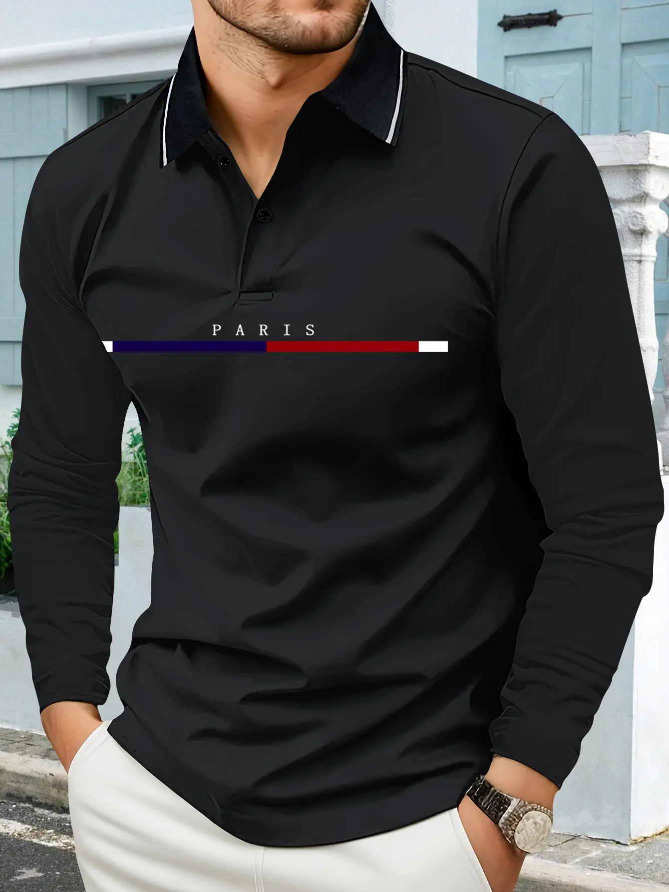 Spring and autumn men's long-sleeved POLO shirt PARIS letter color stripe print sports casual lapel polo shirt long-sleeved T-shirt daily all-match light business men's wear