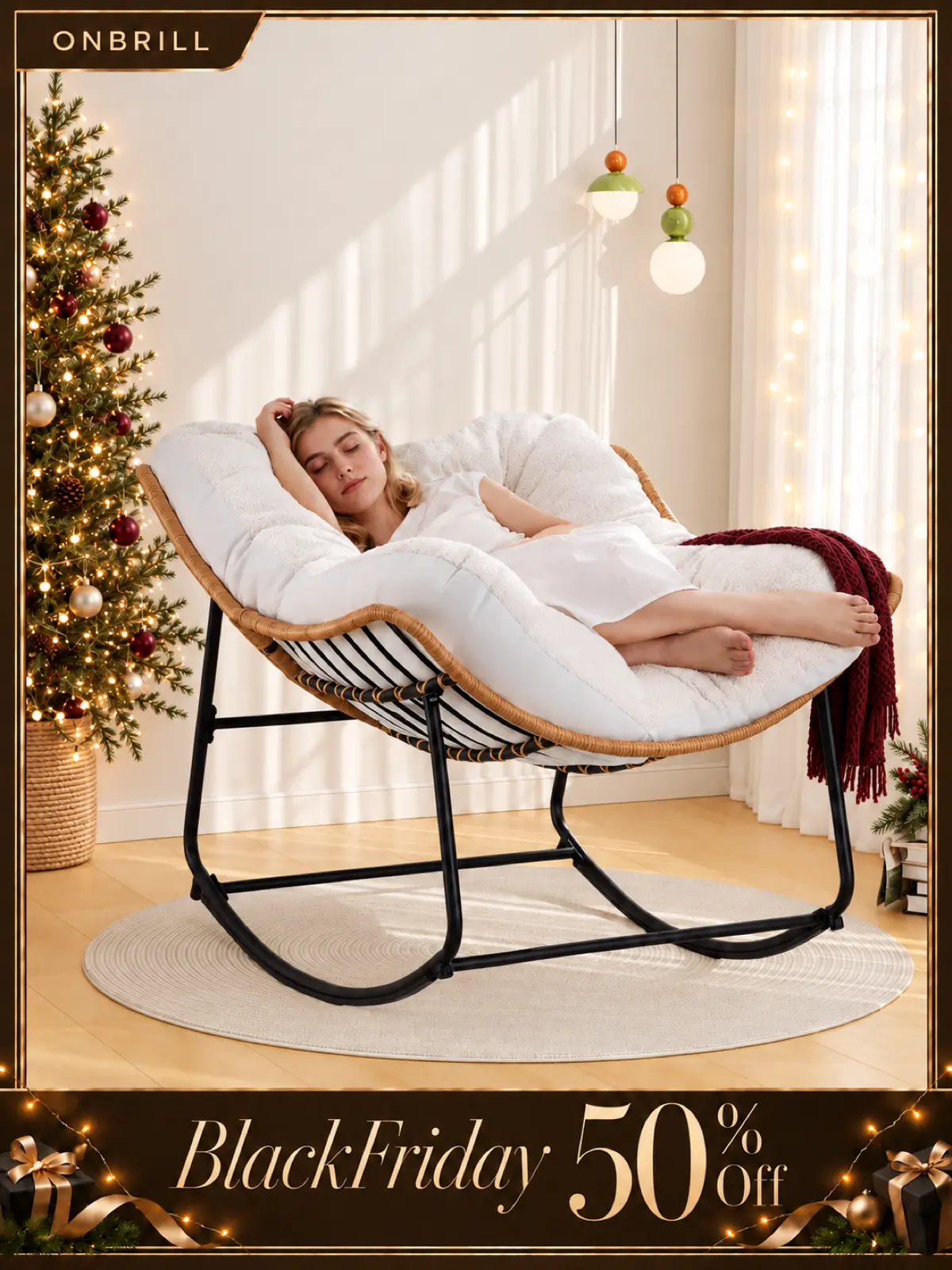 【Double-Side Fabric】ONBRILL Oversized Indoor Outdoor Rocking Chairs, Comfy Papasan Rocking Chair with Padded Cushion, Rattan Wicker Lounge Chair, Modern Reading Accent Chair for Balcony Garden, LivingRoom Furniture,Christmas Gift【Black Friday】