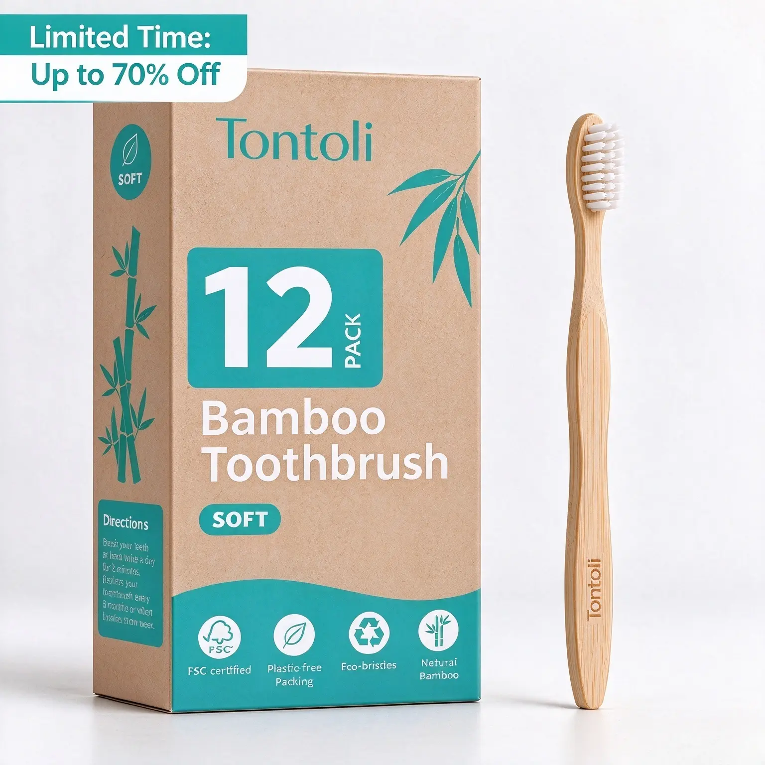 Tontoli Bamboo Toothbrush, Soft Bio-Based PA1010 Bristles for Adults – FSC-Certified, BPA-Free