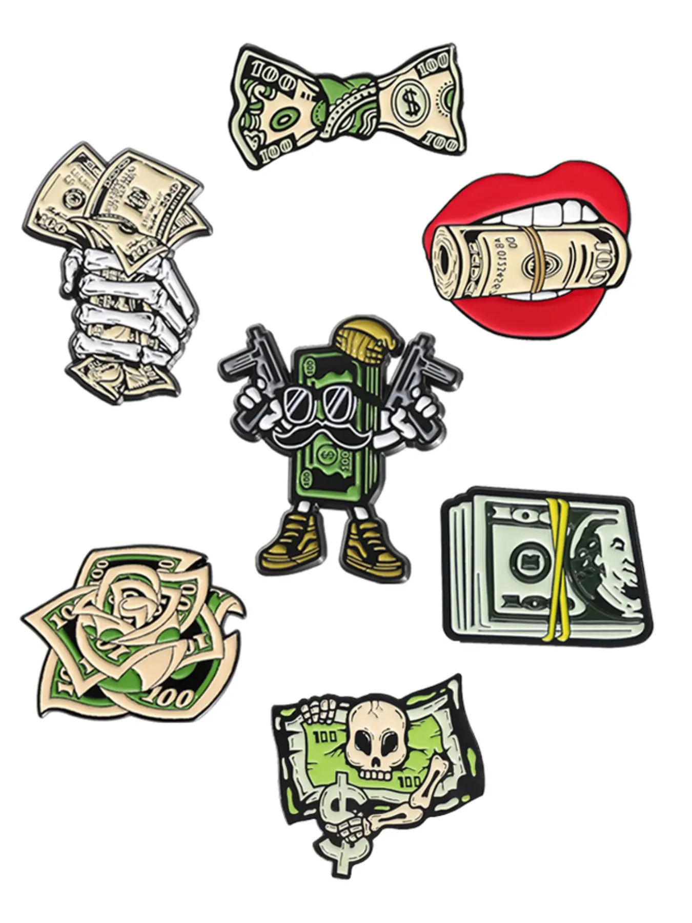 7 Piece Set Dollar Cash Money Enamel Pins Skeleton Hand Banknote Bills Money Get Rich Alloy Brooches Brooch Clip Lapel Backpack Badge Fashion Jewelry Accessories Gifts for Friends