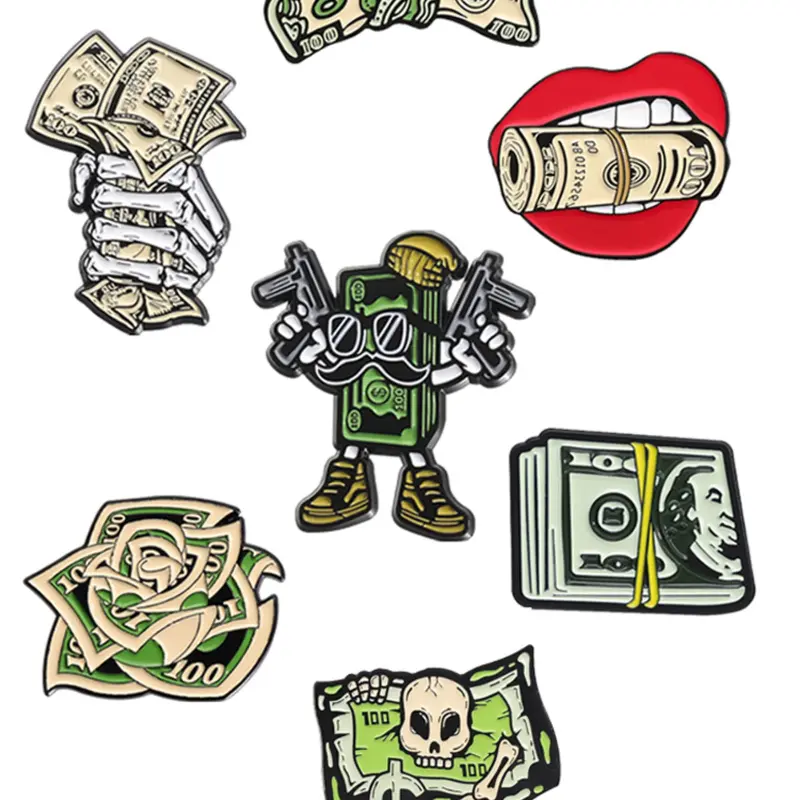 7 Piece Set Dollar Cash Money Enamel Pins Skeleton Hand Banknote Bills Money Get Rich Alloy Brooches Brooch Clip Lapel Backpack Badge Fashion Jewelry Accessories Gifts for Friends