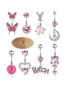 Summer 2024 Fashion Letter & Butterfly & Heart & Moon & Rhinestones Sparkle Charms Decor Belly Button Rings for Women, Body Piercings,  Back To School, Casual Belly Piercing Body Jewelry, Daily Decor for Girl