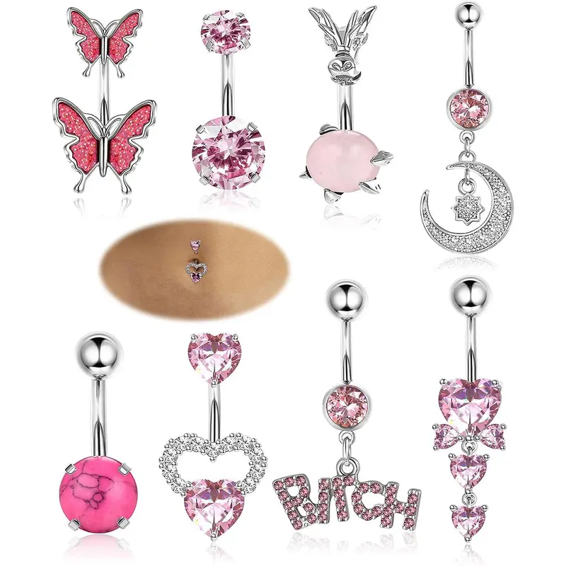 Summer Letter, Butterfly, Moon & Rhinestones Sparkle Charms Decor Belly Button Rings, Navel Ring for Women, Body Piercings, Casual Belly Piercing Body Jewelry, Back to School Daily Decor for Girls, Navel Rings Set