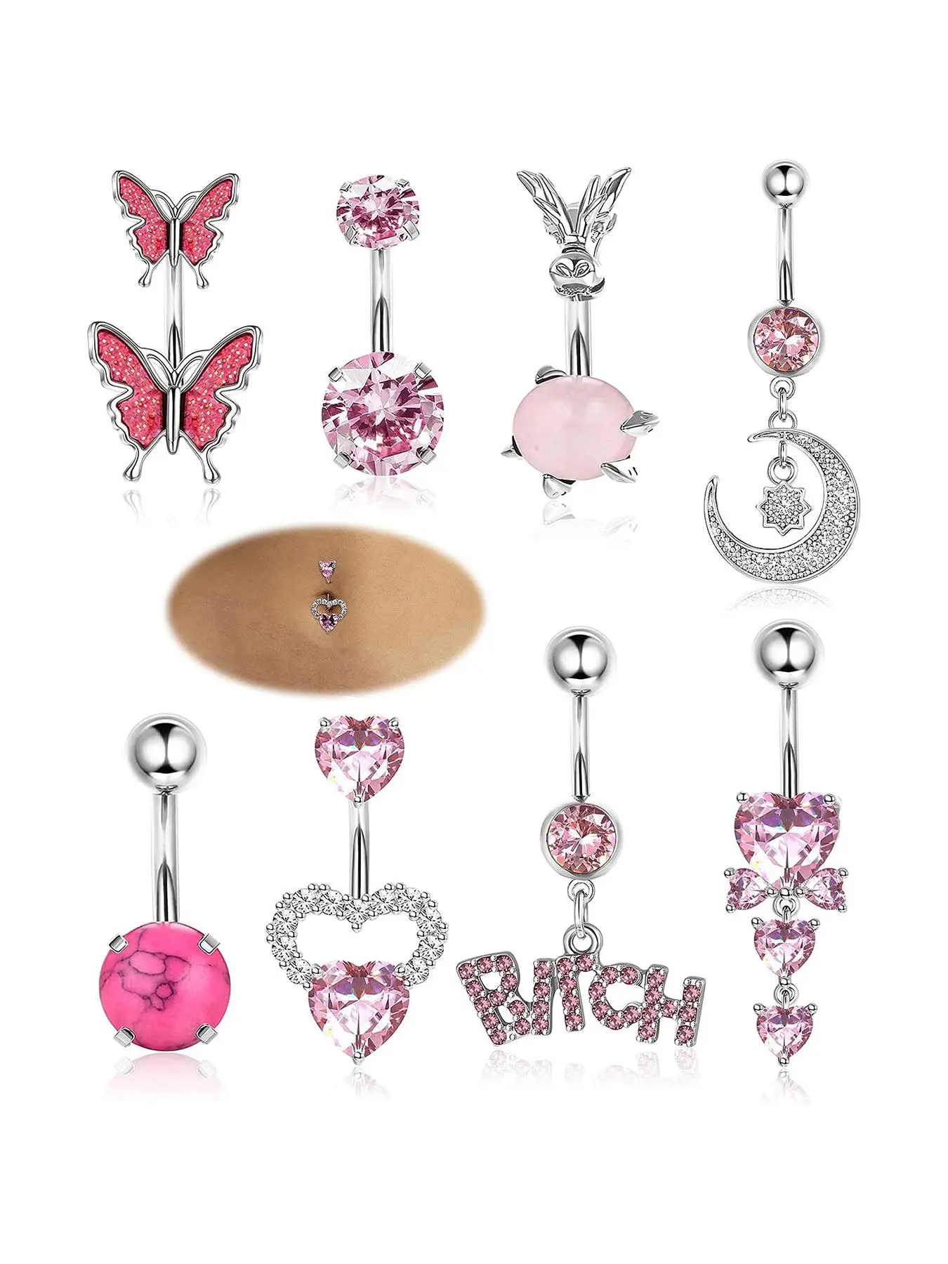 Summer 2024 Fashion Letter & Butterfly & Heart & Moon & Rhinestones Charms Decor Belly Button Rings for Women, Body Piercings, Back To School, Casual