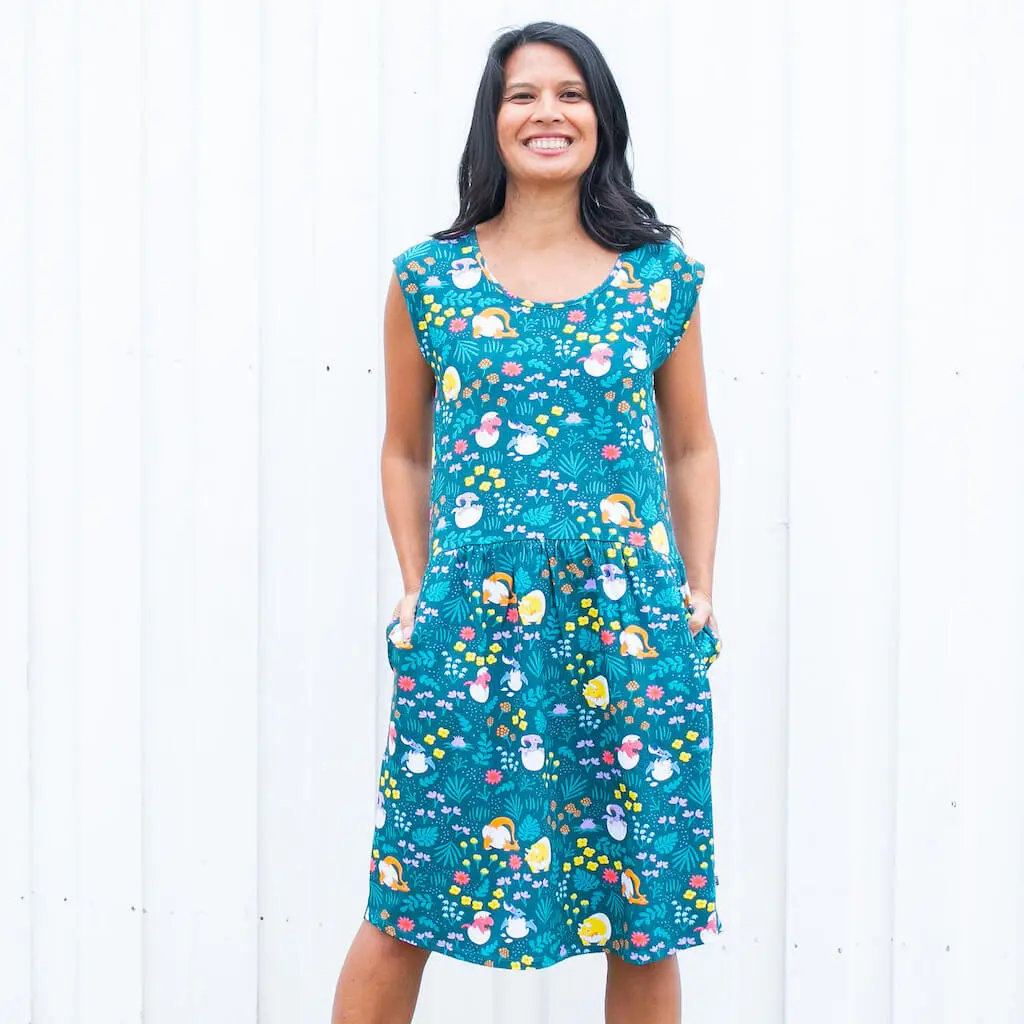 Adult "Jurassic Peep" Dinosaur Eggs Cap Sleeve Dress with Pockets