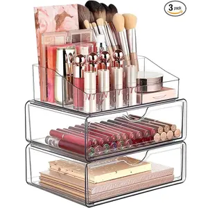 3 Tier Clear Makeup Organizer with Drawer, Cosmetic Storage for Dresser Countertop and Bathroom Vanity, Beauty Holder for Lipstick Brush Skincare Boxes Transparent