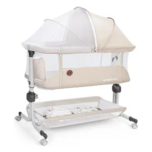 Momfann Baby Bassinet Bedside Sleeper, Upgraded Stability Bedside Crib with Full Mesh Sides, Soft Sheet, 6-Height Adjustment, Storage Basket, Easy Folding Portable Bassinet for Newborns, Oatmeal