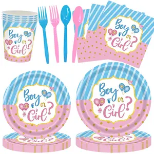 100pcs Gender Reveal Party Supplies Set, Includes Paper Plates Napkins Cups for 16 Guests, Perfect for Gender Reveal Decorations