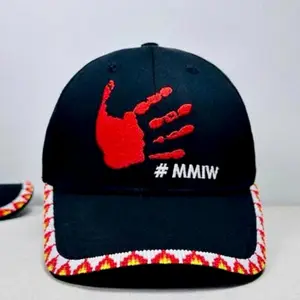 Handmade MMIW Red Hand Beaded Brim Baseball Cap - Native American Style Hat