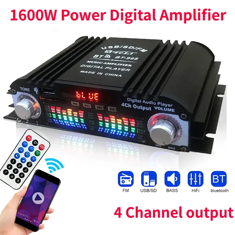 Car Amplifier, 1600W Peak Power HiFi Sound Digital 4-Channel Audio Amplifier with Bluetooth, Karaoke Player, FM Radio, Remote Control, SD Card Support, 12W, 16V, 20Hz-20kHz Compatibility