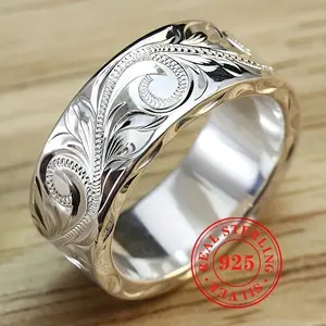 Elegant 925 Sterling Silver Wide Band Ring with Bohemian Leaf and Flower Carvings, Vintage-Inspired Design - Ideal for Special Occasions, Artisan Crafted, Carved, Retro Style