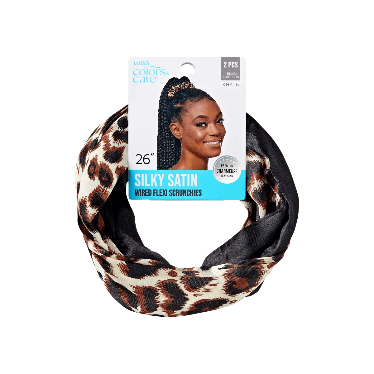 Kiss Colors & Care Silky Satin Flex Wired Scrunchies – Black/Leopard