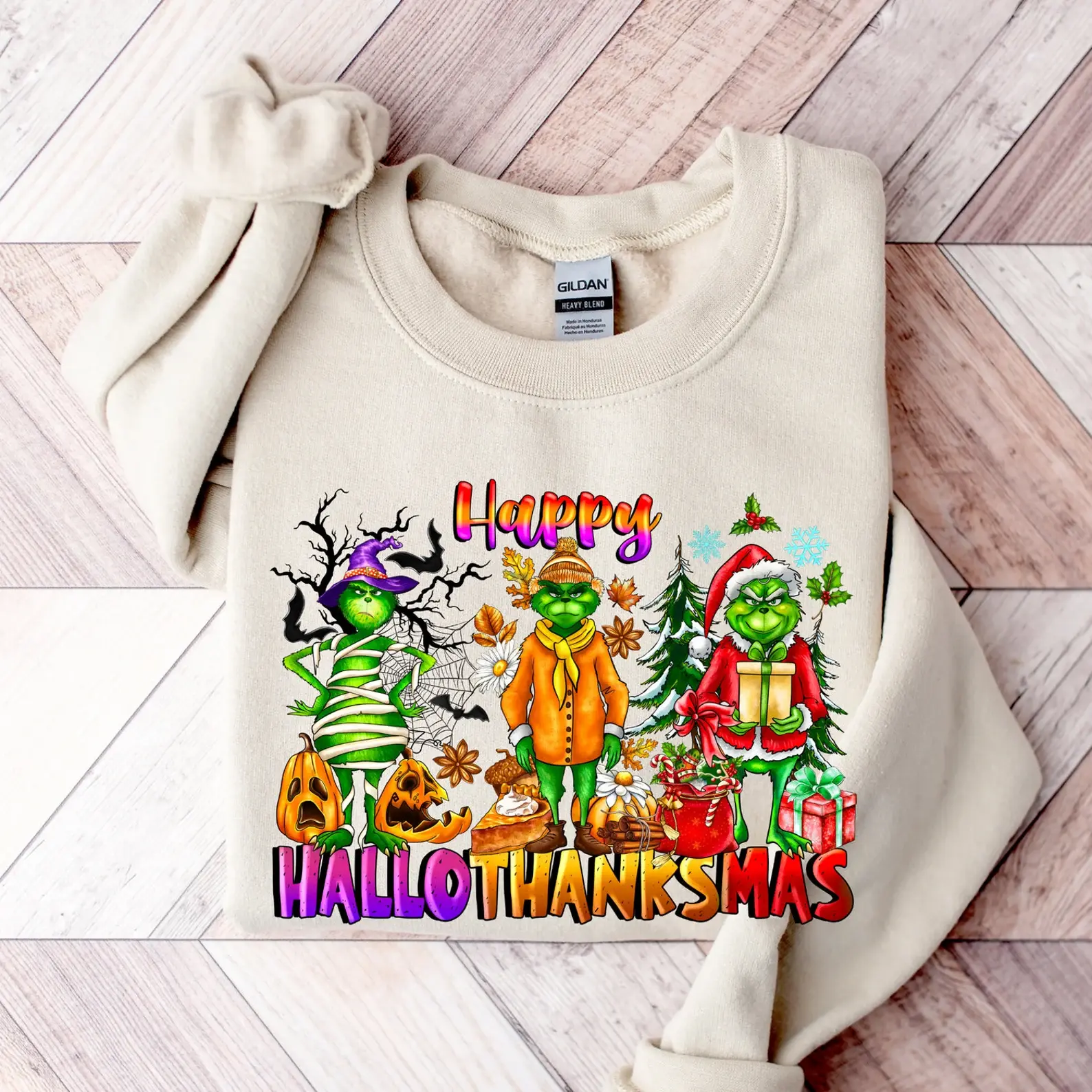 Christmas Thanksgiving Grinchyy Sweatshirt, Happy HalloThanksMas Sweatshirts, Happy Hallothanksmas sweatshirt