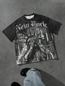 Men's Statue of Liberty Print T-Shirt, Casual Loose-Fit Short Sleeve, Comfortable All-Seasons Streetwear, Ideal for Outdoor Activities, Fashion