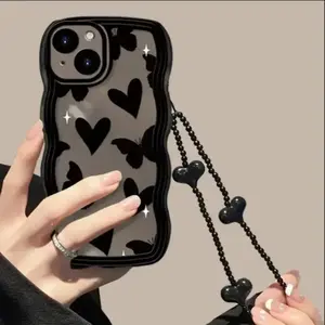 Heart and Butterfly Pattern Phone Case With Wrist Strap, Shockproof Phone Protector Cover, All-inclusive Phone Cases Accessories for iPhone 11 12 13 14 15 16 17Pro Max 16 15 14 Plus Cases Cellphone Casing