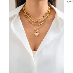 Women's 4-Pcs Punk Love Heart Layered Necklace Set, Beaded Stackable Clavicle Chain with OT Buckle, Multilayer All-Match Chic Jewelry, Trendy Streetwear Accessory, Ideal Birthday Gift for Girlfriends summerwins