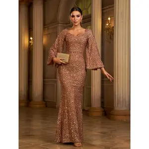 Elegant Sequin Toast Dress Mid-Length Slimming Solid Color V-Neck Evening Dress for Women Long Sleeve Vneck Formal Wear