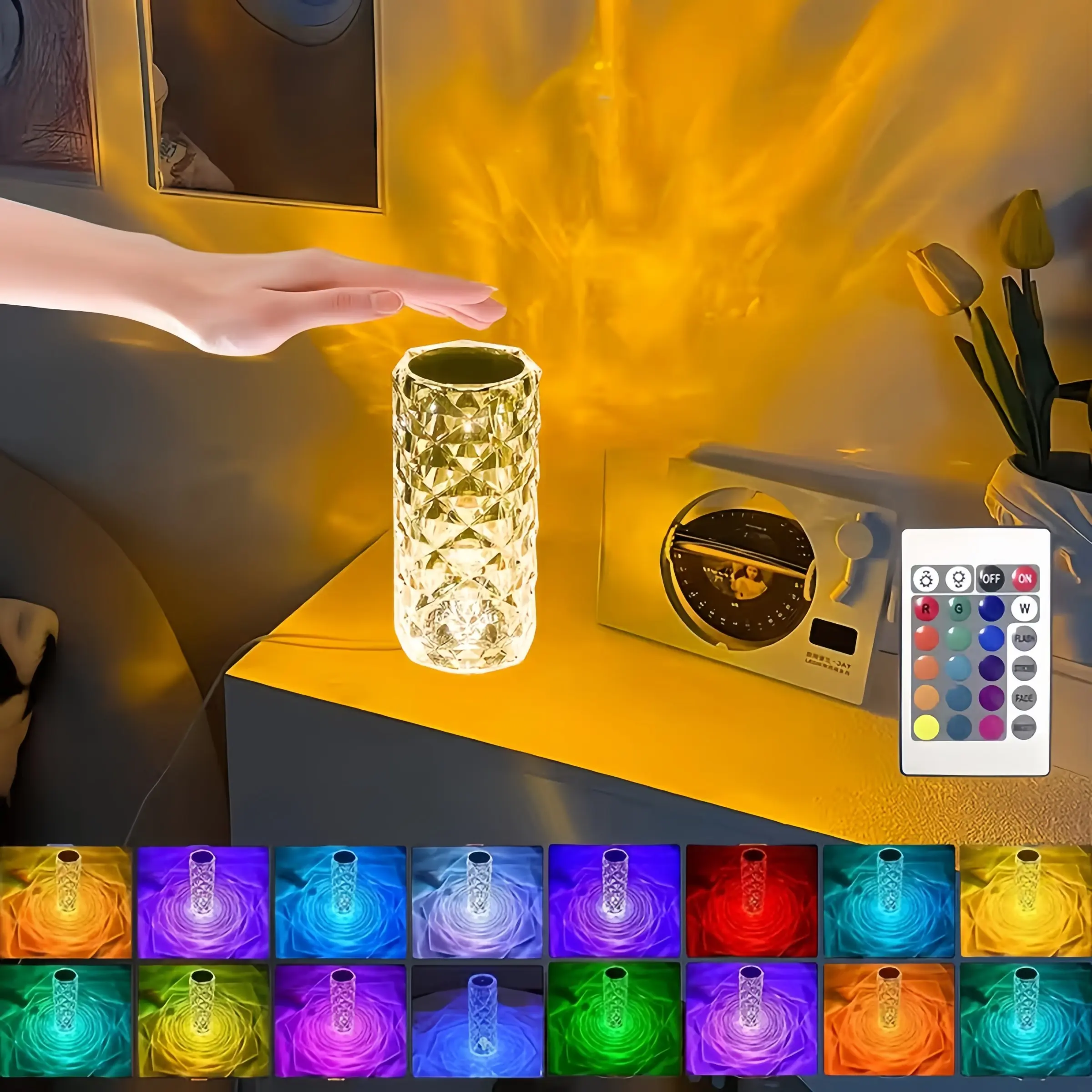 USB Rechargeable Crystal Table Lamp, 16 Color Changing, Remote Control, Adjustable Led Lights, RGB Rose Diamond Touch Night Light, Bedroom Living Room Party Decor