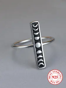 S925 Sterling Silver Vintage Crescent Moon & Star Design Ring, Geometric Design Ring, Statement Rings, 2024 New Style Fashion Jewelry for Party, Daily Clothing Decor, Trendy All-match & Exquisite Jewelry As Anniversary Gift