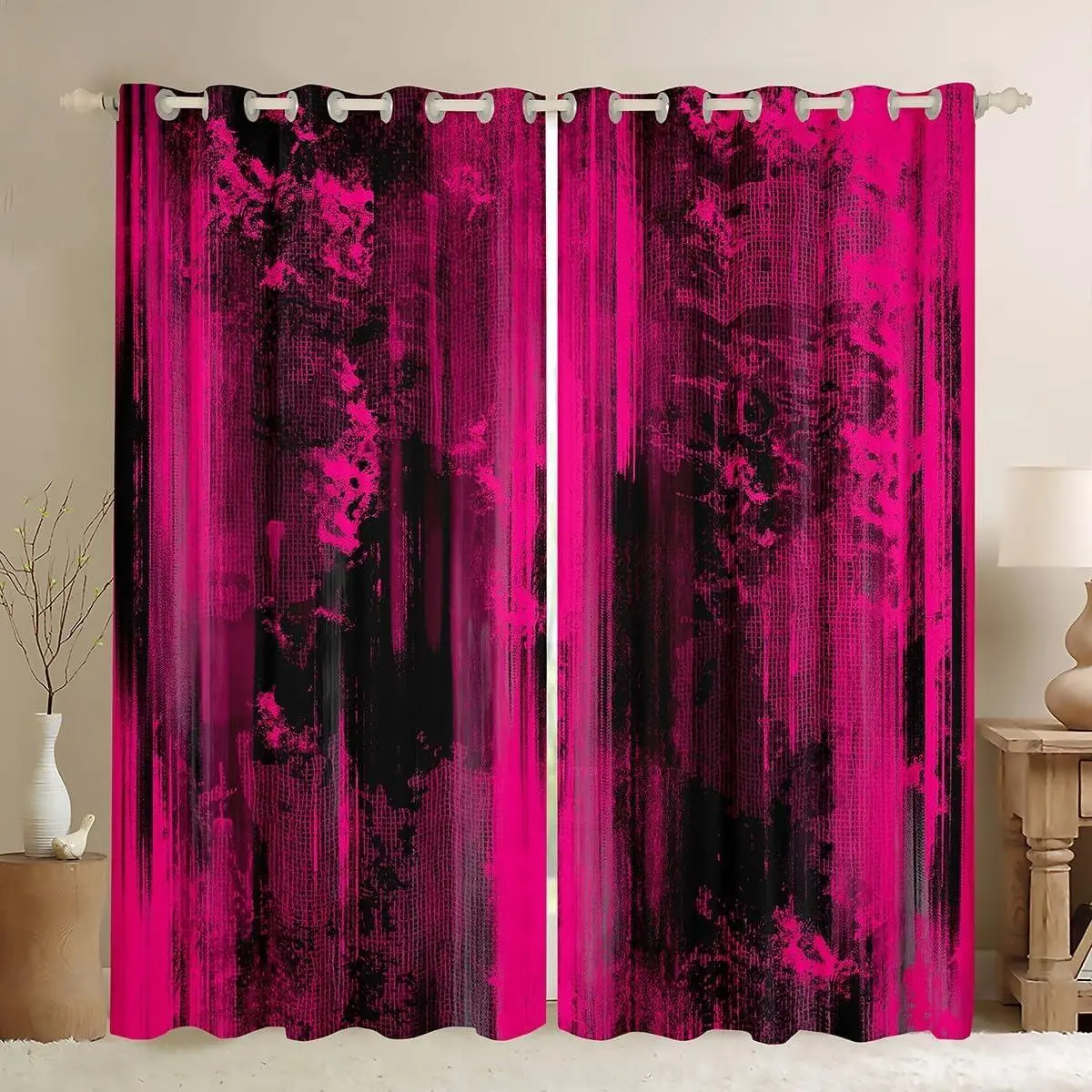 Abstract Curtains Bedroom Living Room Modern Abstract Art Blackout Shades Hot Pink Black Room Darkening Curtain Window Treatments,2 Panels Decor
