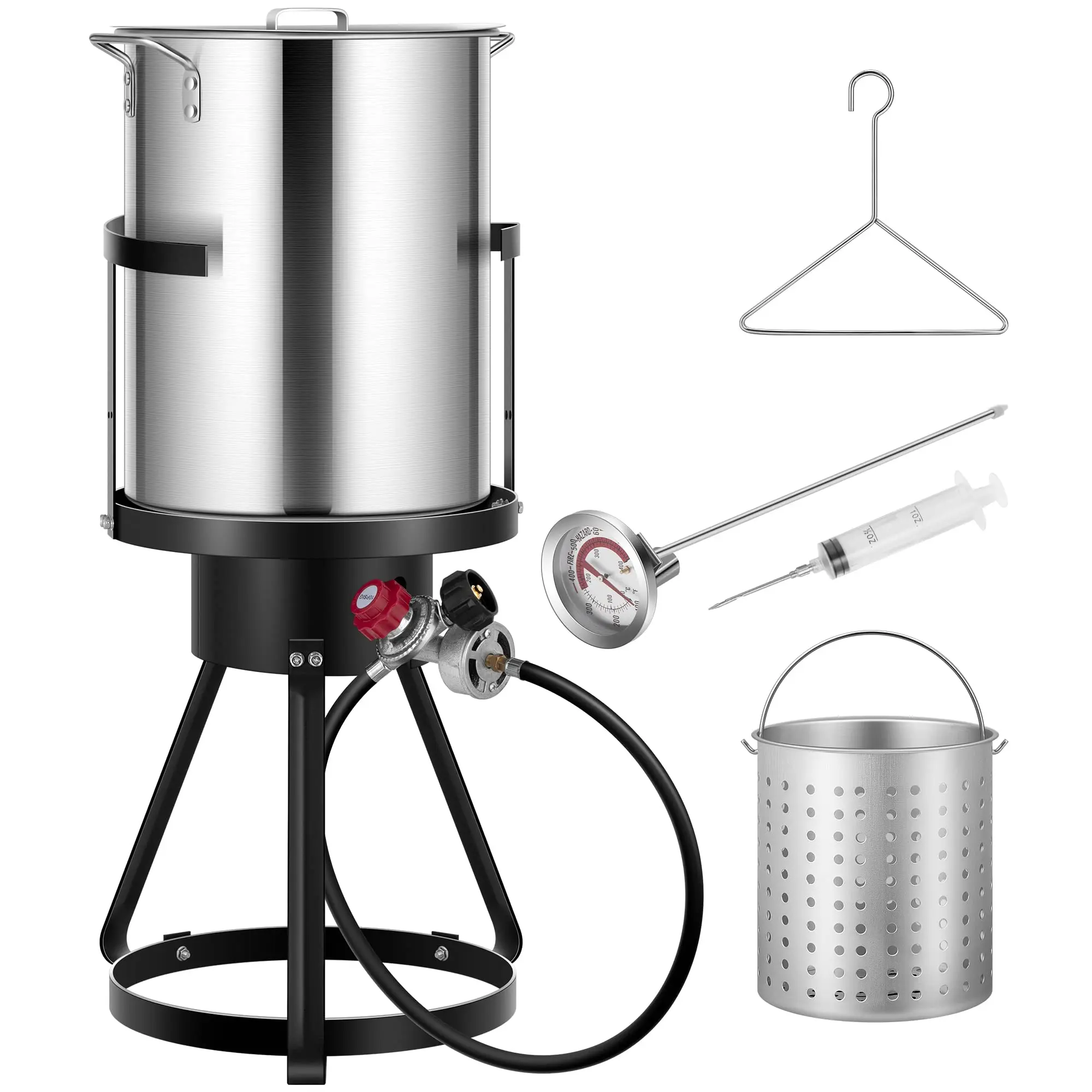 30QT Aluminum Turkey Fryer & Seafood Boiler Kit with 55000 BTU Cast Iron Burner, Outdoor Cookware Set with Poultry Rack, Perforated Basket, Probe Thermometer & CSA Certified Regulator
